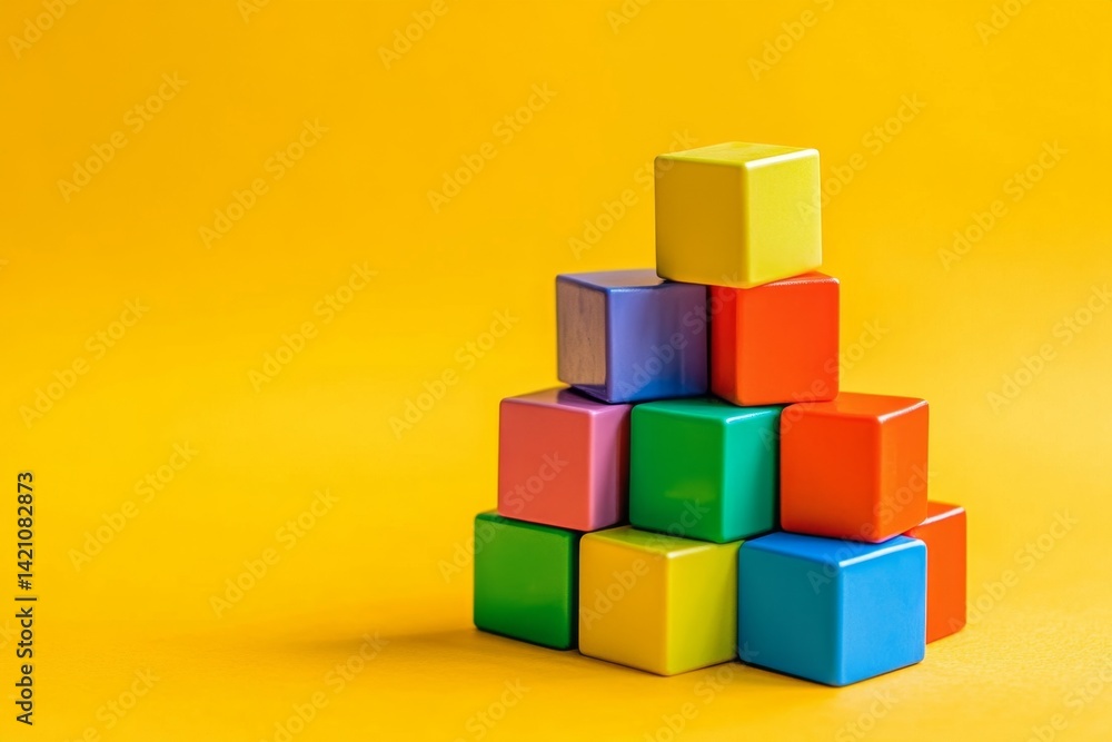 Obraz premium Colorful wooden blocks pyramid on yellow background
