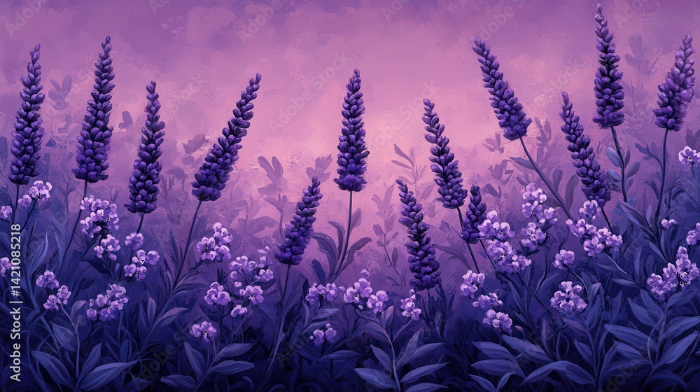 Obraz premium Beautiful lavender flowers bloom in a purple field, oil painting style. Perfect for backgrounds, art prints, or calming themed designs.