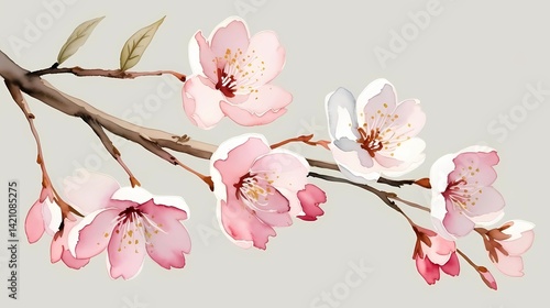 Watercolor cherry blossom branch with delicate pink flowers