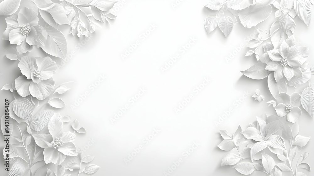 White Paper Flowers Border on White Background White Paper Flowers Border on White Background