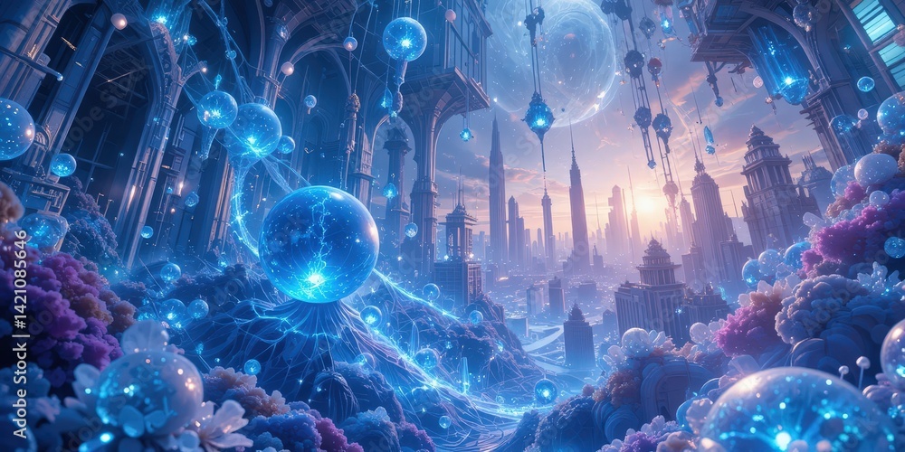 Obraz premium A vibrant fantasy cityscape adorned with an abundance of blue and purple flowers, cascading from balconies and lining cobblestone streets, under a twilight sky filled with shimmering stars.
