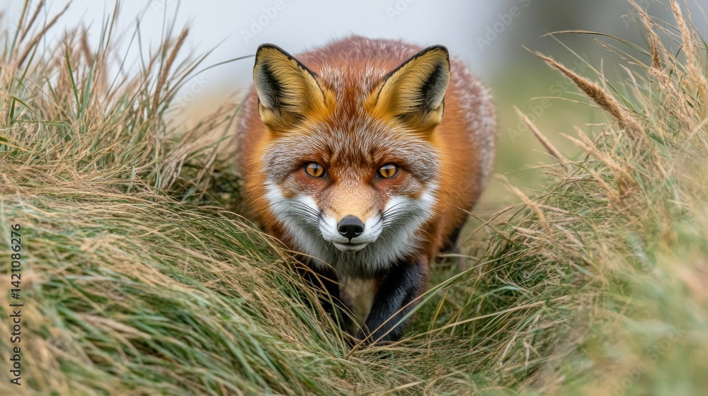 Naklejka premium Red fox emerging from tall grass