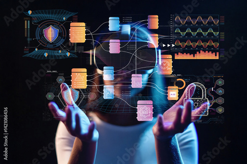 Futuristic 3D Representation of Data Security and Virtual Interaction with Floating Digital Interfaces and Visualized Information Technology Concepts