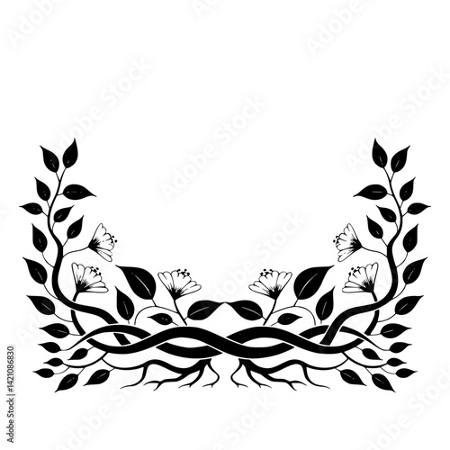 Elegant Black and White Floral Border, Vector Illustration