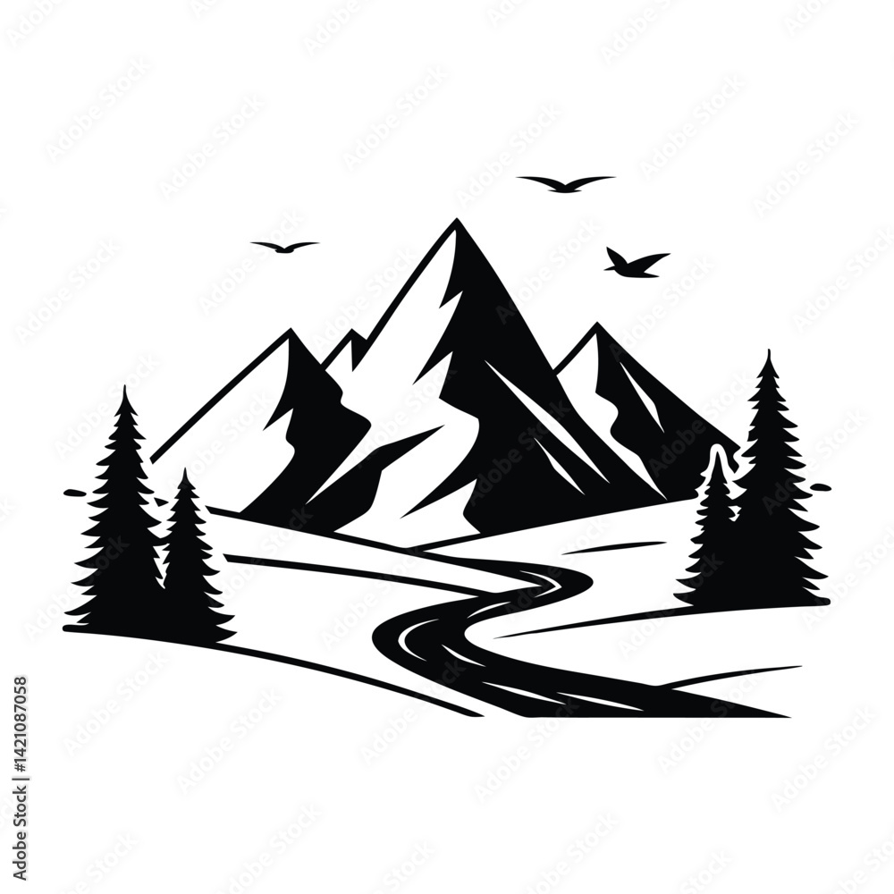 Obraz premium Silhouette illustration of a mountain range with River vector, Art & Illustration on a white background