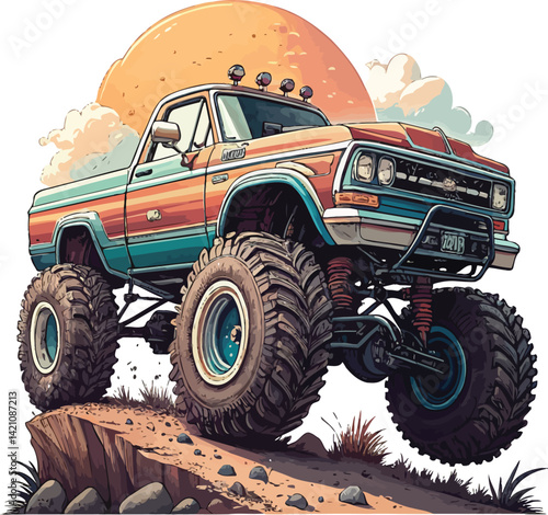 Colorful Monster Truck Jumping Over Ramp – Vector Graphic