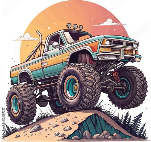 Monster Truck Racing Scene – Action-Packed Vector Art