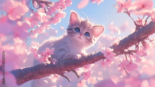 A kitten with blue eyes sitting on a branch surrounded by pink cherry blossoms