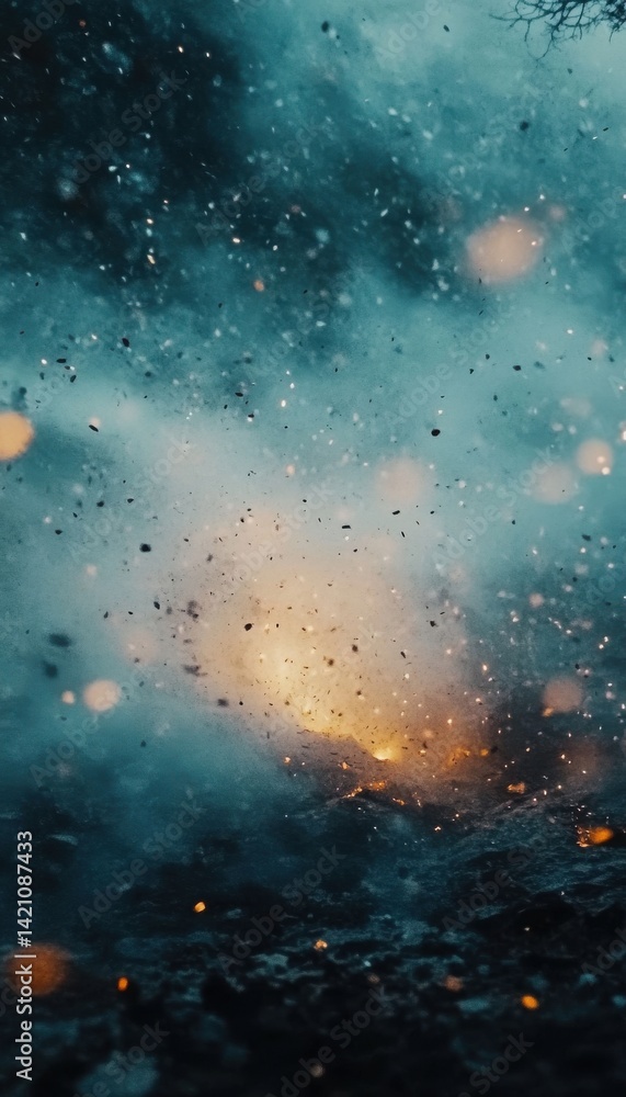 Obraz premium Glowing embers and smoke rise from a dark, textured surface, creating a dramatic and ethereal scene.