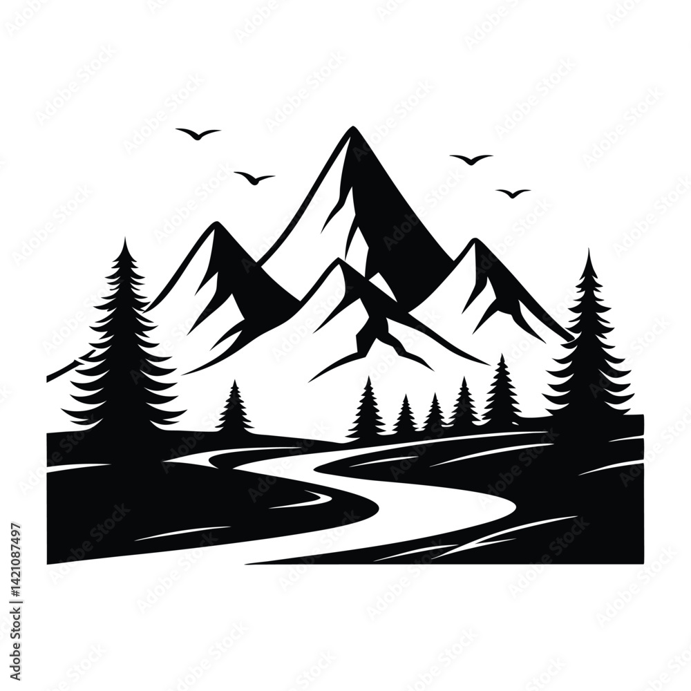 Obraz premium Silhouette illustration of a mountain range with River vector, Art & Illustration on a white background