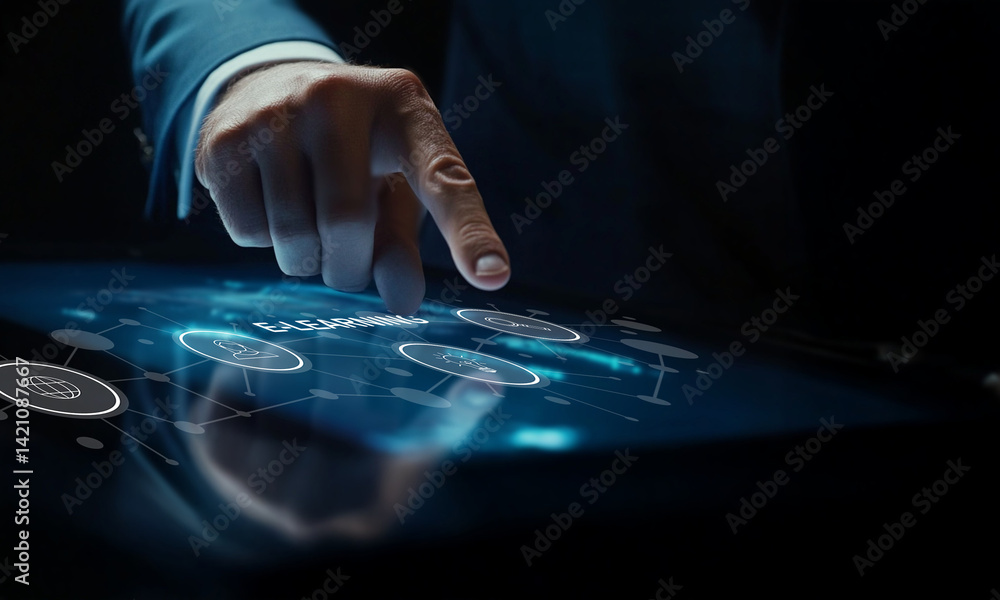 Naklejka premium Businessman Interacting with Digital Touchscreen Technology in a Futuristic Setting with Data and Graphics on Display