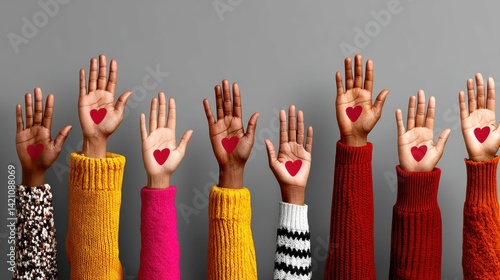 An illustration featuring a diverse group of abstract individuals reaching out with hands adorned with hearts