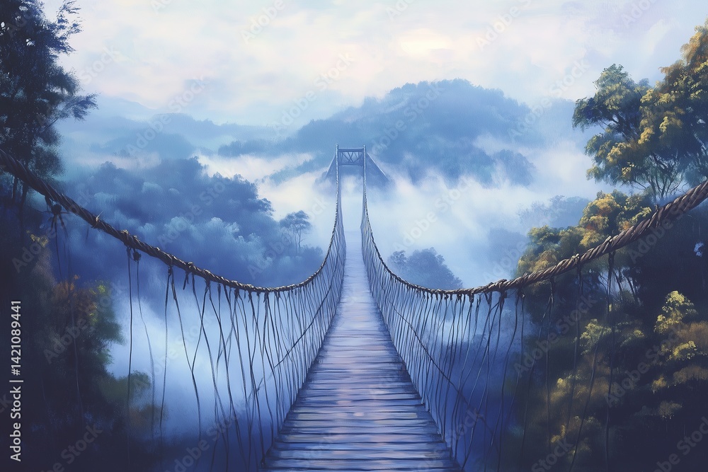 Obraz premium Suspension bridge leading into a misty mountain landscape, shrouded in fog and clouds