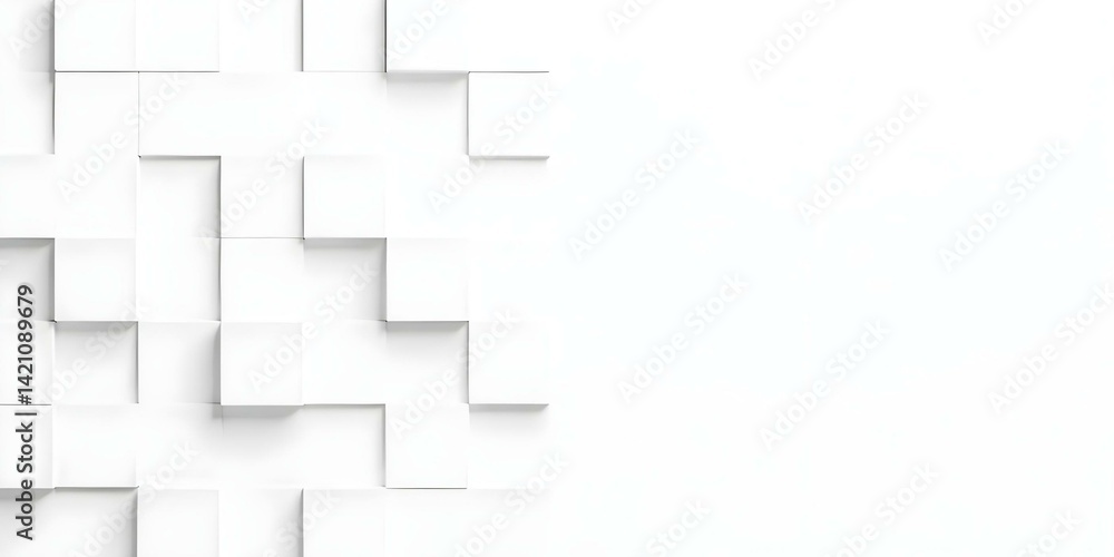 White cubes of different heights forming a geometric pattern on the left side , white background on the right side