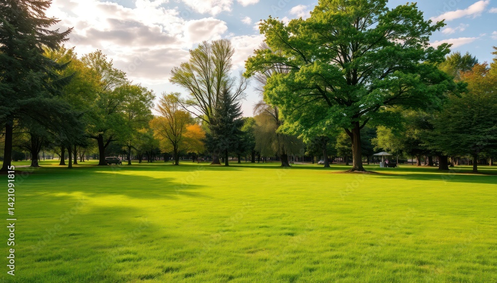 Sunny park scene. Lush green grass, trees, and a cloudy sky Sunny park scene. Lush green grass, trees, and a cloudy sky