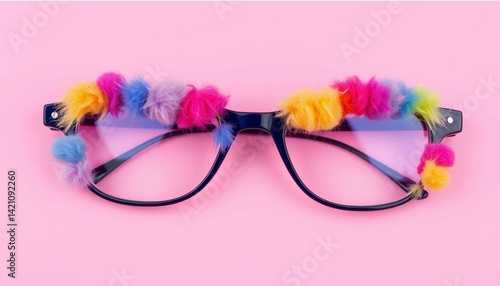 Multicolored fuzzy eyeglasses on pink backdrop