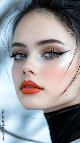 Surreal fashion model with chrome makeup urban studio portrait photography artistic environment close-up view avant-garde concept photo