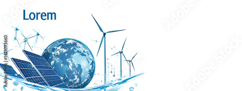 Vector logo of the Earth with solar panels and wind turbines, text 