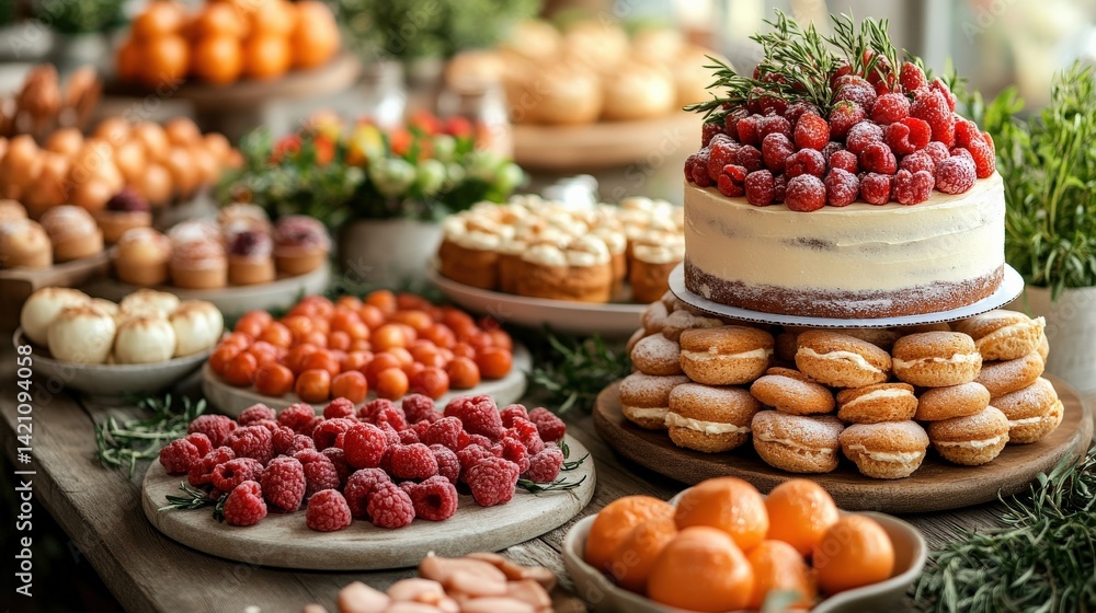 A beautifully arranged dessert table featuring a cake, pastries, and fresh fruits for a celebration A beautifully arranged dessert table featuring a cake, pastries, and fresh fruits for a celebration
