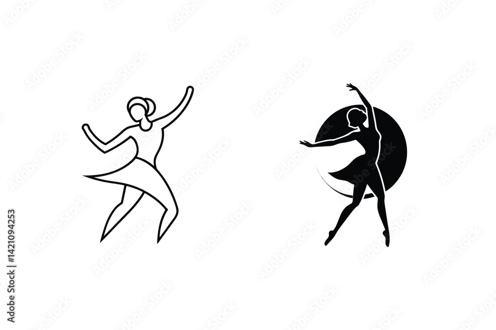 Dancing Woman Silhouette Line Art Ballerina Graphic Design Elements Set Dancing Woman Silhouette Line Art Ballerina Graphic Design Elements Set