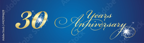 30 Years Anniversary celebration beautiful golden white light elegant brush script calligraphy typography with sparkle firework on blue background banner
