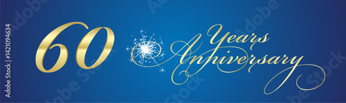 60 Years Anniversary celebration beautiful golden white light elegant brush script calligraphy typography with sparkle firework on blue background banner