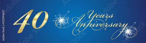 40 Years Anniversary celebration beautiful golden white light elegant brush script calligraphy typography with sparkle firework on blue background banner