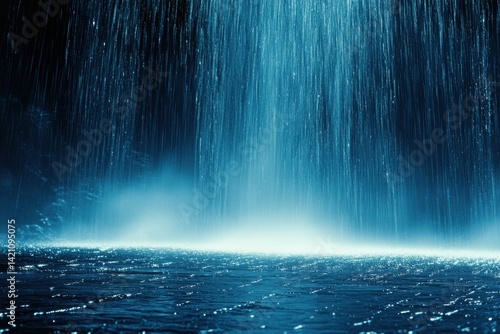Heavy rain pours down, creating a mesmerizing display of water droplets falling onto a still surface. The scene is dramatic and serene.