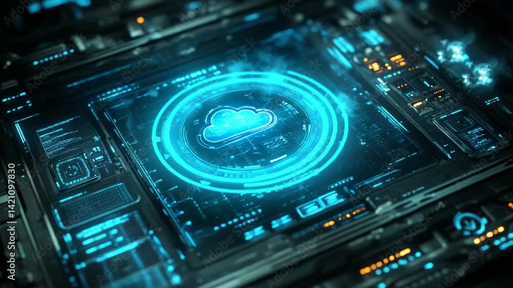 Futuristic Cloud Computing Interface Display: Seamless Digital Data Transfer Futuristic Cloud Computing Interface Display: Seamless Digital Data Transfer