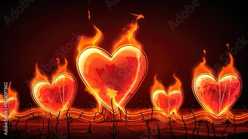 Burning hearts in fiery landscape