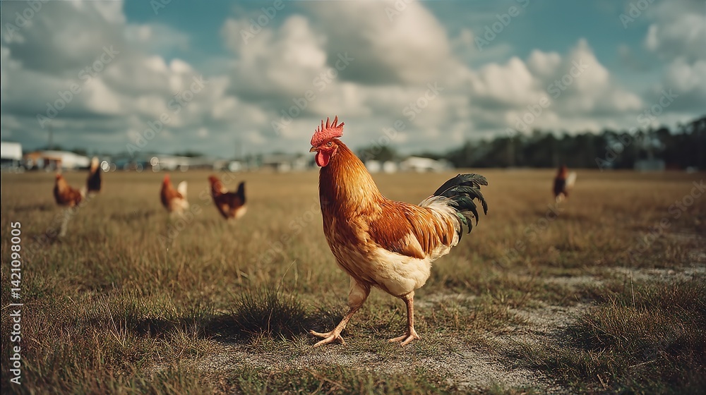 Fototapeta premium Red-Haired Rooster Walking on Farm Field with Chickens in Background Under Blue Sky with White Clouds – Rural Poultry Scene
