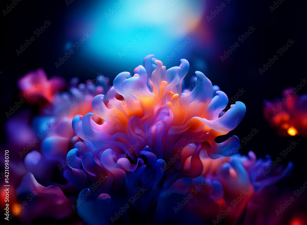 Obraz premium Intricate, bioluminescent flora thrives against a dark, moody background. Vibrant blues, oranges, and purples illuminate the otherworldly scene.