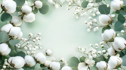 Elegant cotton flowers and eucalyptus leaves green background floral design soft card white plant
