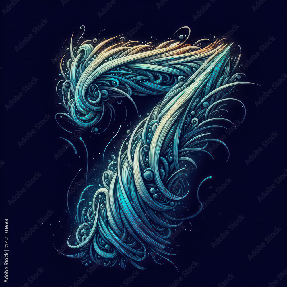 Fototapeta premium Intricate design of number seven with flowing patterns and vibrant colors against a dark background