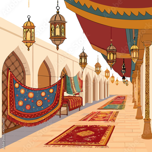 Create a bold, vector illustration of a bustling 2D Arabian marketplace, showcasing vibrant details and intricate architecture.