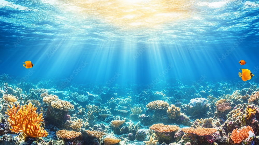 Fototapeta premium Underwater coral reef, sun rays, fish, ocean, vibrant scene, marine life, tropical, background, screen