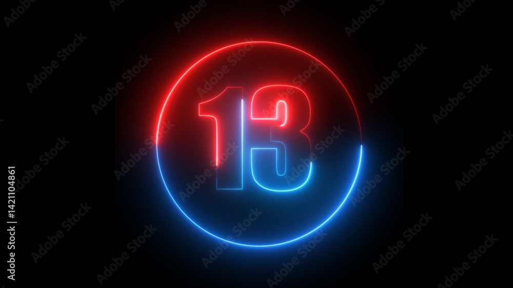 Neon number thirteen graphic glowing in red and blue isolated on black background design element for branding Neon number thirteen graphic glowing in red and blue isolated on black background design element for branding