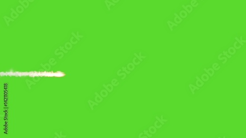 Green screen chroma key background featuring a dynamic white smoke trail with a fiery end. Ideal for visual effects, compositing, and motion graphics. Perfect for filmmakers, content creators, and pro