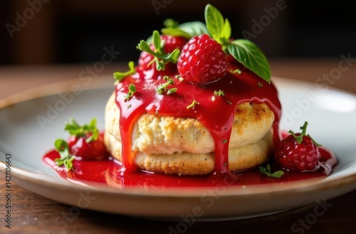 Raspberry Sauce Drizzled on Fluffy Pancakes