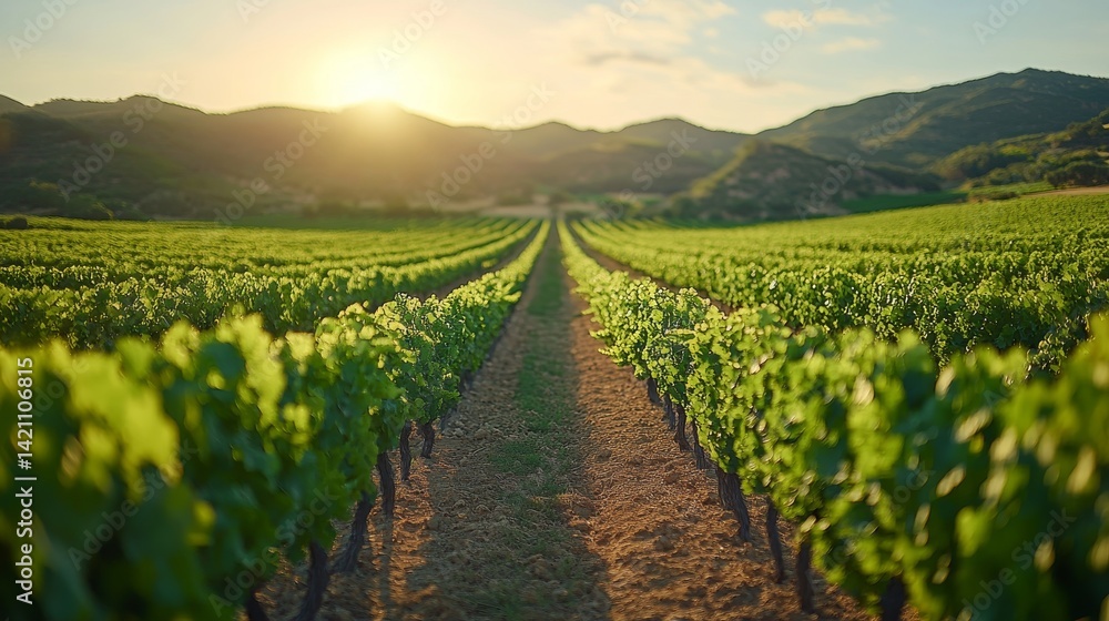 Obraz premium Lush Vineyard Rows at Sunset, Scenic Agriculture Landscape with Mountain Backdrop, Captivating Panorama of Greenery and Warm Evening Glow, Vineyard Vista