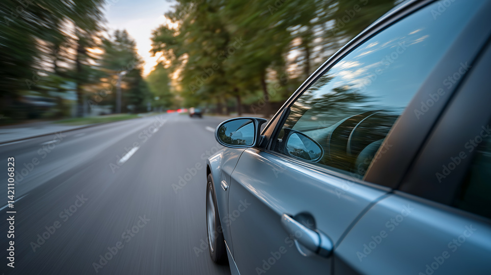 Car on a suburban road in motion during sunset with blurred background Car on a suburban road in motion during sunset with blurred background