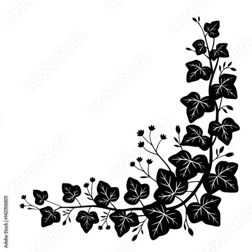 Black Ivy Corner: Minimalist Floral Design on White Background