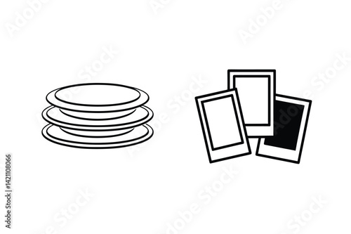 Fotografía Stack Of Plates And Instant Photos Minimalist Black And White Icon