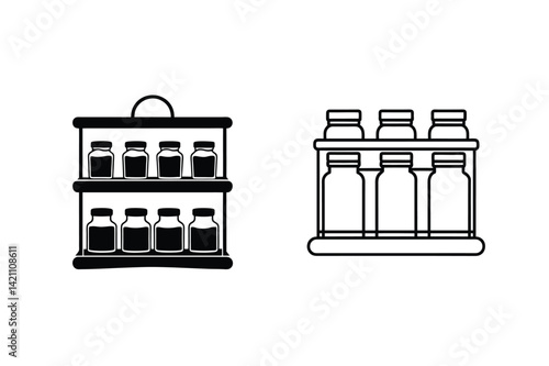 Two Spice Rack Illustration With Multiple Glass Jar Outline Icon