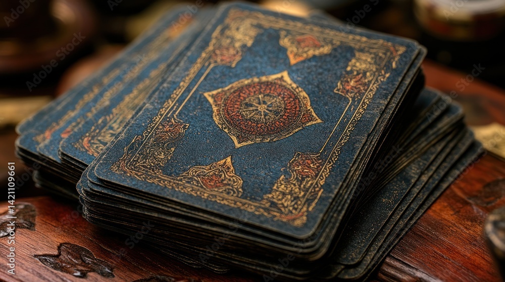 Close-up of a stack of antique, ornate tarot cards on a wooden surface. Close-up of a stack of antique, ornate tarot cards on a wooden surface.