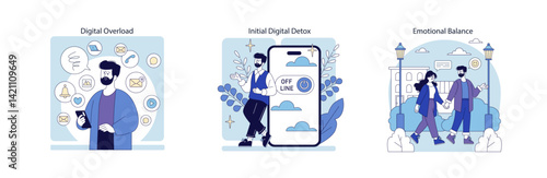 Digital well-being; Mental health. Flat Vector Illustration