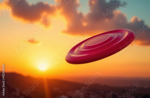 Frisbee professional disc, soaring in the air against the backdrop of a sunset sky
