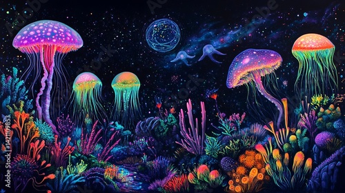 Vibrant neon jellyfish underwater fantasy art galactic ocean scene sea glow dark life stars coral