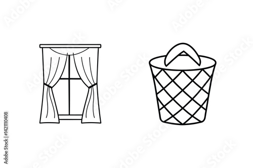 Outlined Window With Curtains And Geometric Basket On White Background Illustration