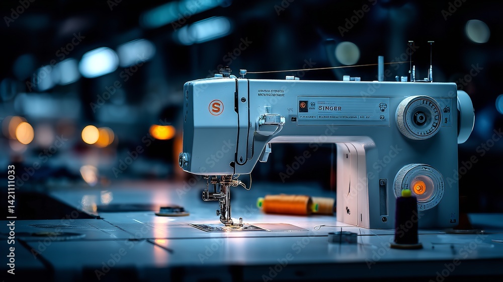 Modern Sewing Machine on Work Table in Textile Factory – Creative Night Mood with Color Grading for Production Concept Modern Sewing Machine on Work Table in Textile Factory – Creative Night Mood with Color Grading for Production Concept